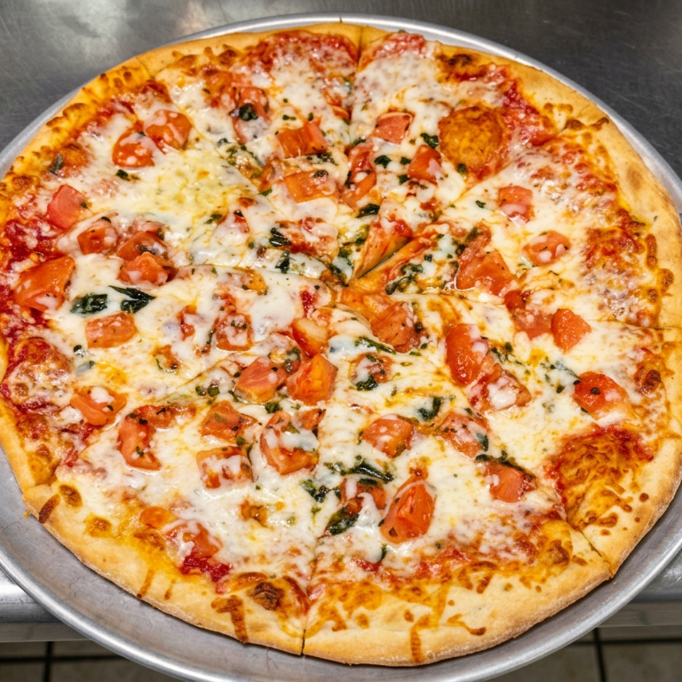 Cheese pizza topped with diced tomatoes and basil rests on a metal serving tray with a pizza server.
