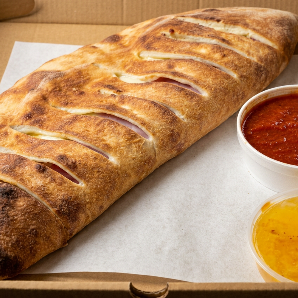 Golden-brown stuffed calzone with slits in a cardboard box, served with cups of red marinara and yellow dipping sauce.