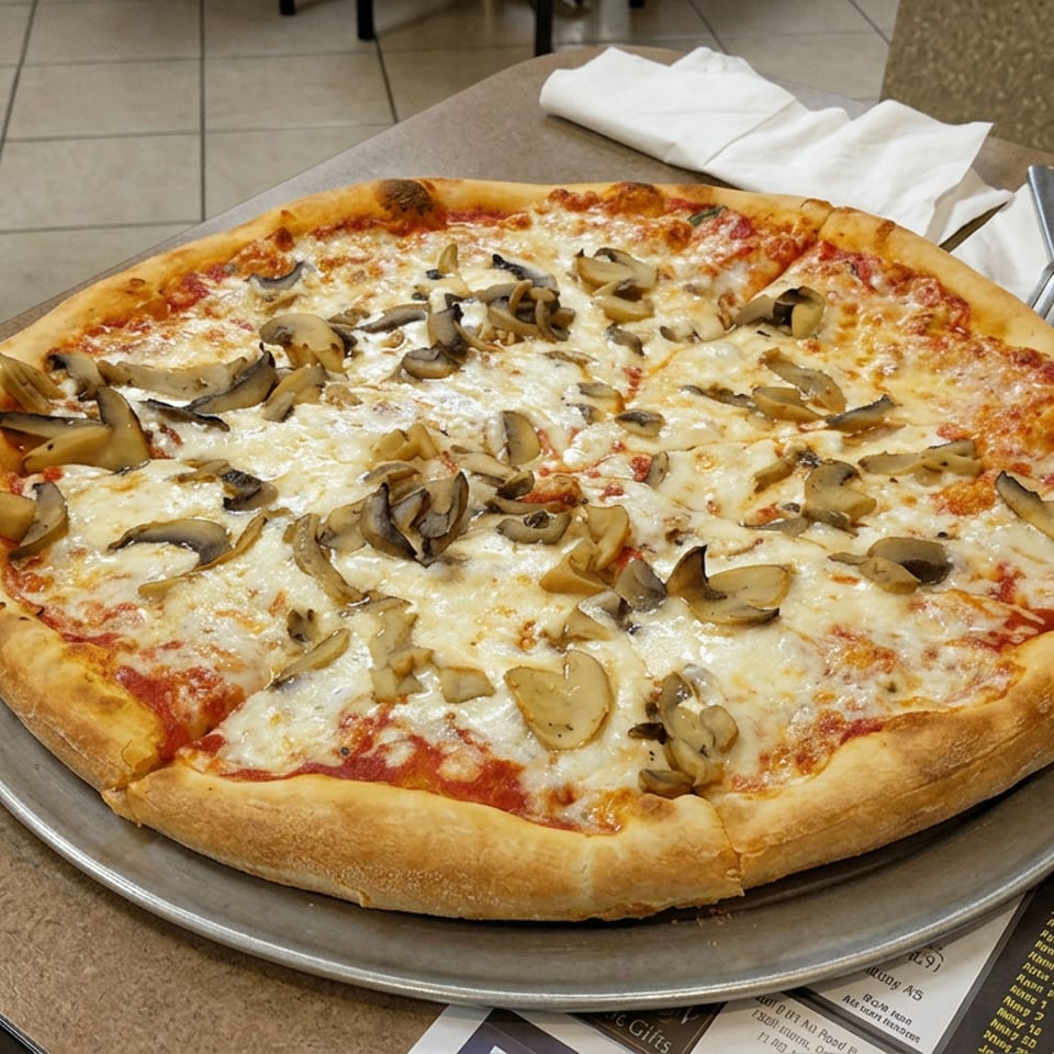 Large cheese and mushroom pizza served on a metal tray at a casual restaurant table.