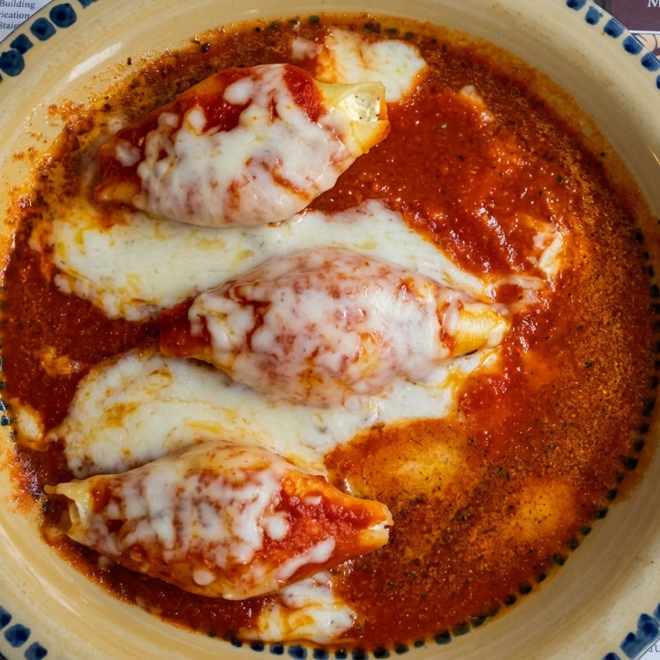 Three cheese-topped chicken cutlets covered in tomato sauce on a cream plate with blue detailing.