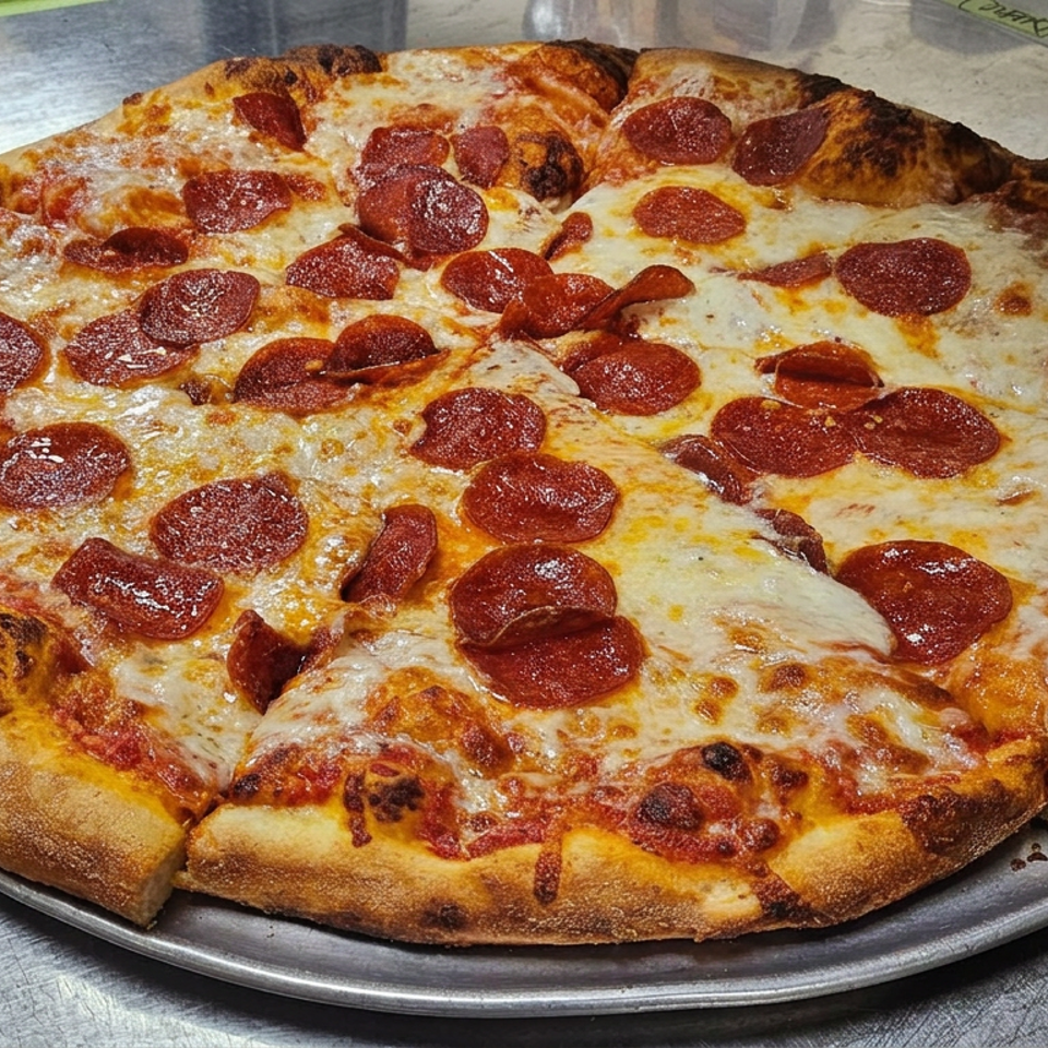 Large pepperoni pizza with melted cheese and a golden, charred crust on a metal serving tray.