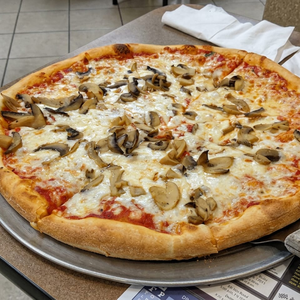 Large mushroom pizza with melted cheese and tomato sauce served on a metal tray at a restaurant table.