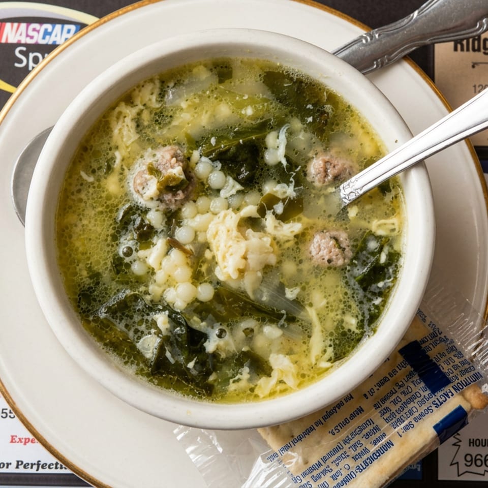 Bowl of Italian wedding soup with meatballs, greens, pasta, and egg ribbons on a white saucer beside a spoon.