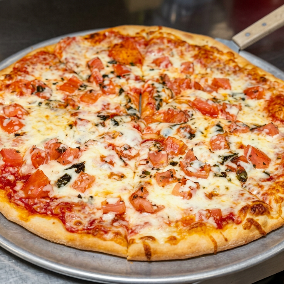 Thin-crust pizza topped with melted cheese, diced tomatoes, herbs, and tomato sauce on a metal serving tray.