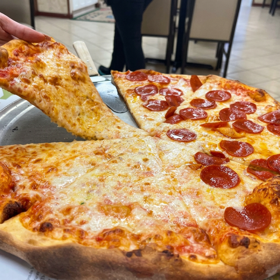 Large pepperoni and cheese pizza on a metal tray, with one slice lifted by hand in a casual restaurant dining area.