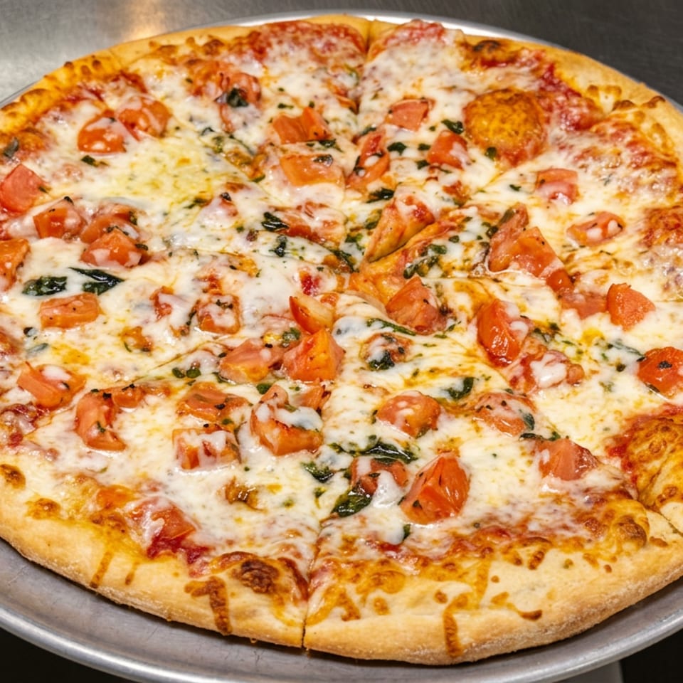 Whole cheese pizza topped with diced tomatoes, basil, and pepperoni on a metal serving tray with a pizza server.